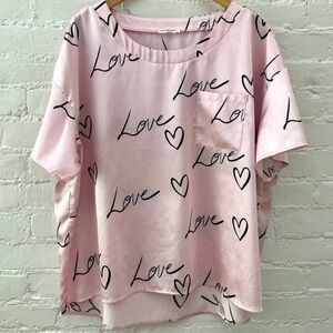 Ekouaer Womens Satin Pajama Top Pink Heart Print Short Sleeve Sleep Shirt XL